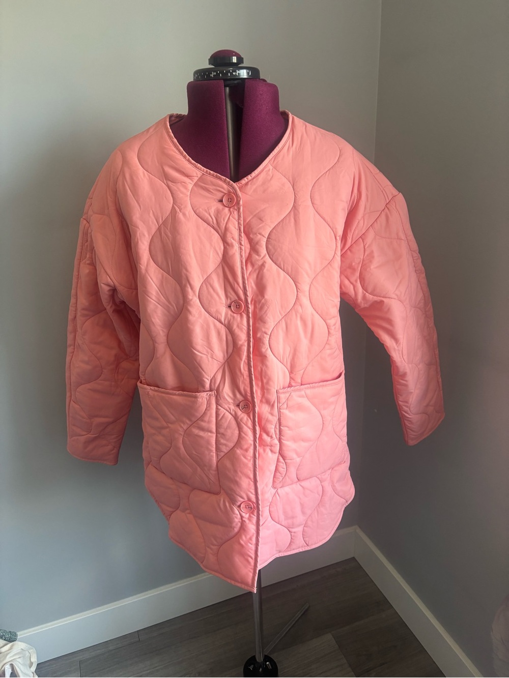 Smash + Tess Coral Pink Quilted Button-Up Puffer Coat. Can fit L
